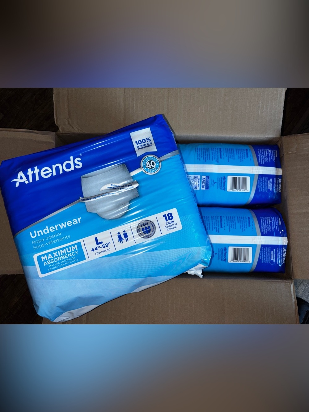 Case of Attends Briefs for men or women, Count 18 in each pack, 4 packs in case.